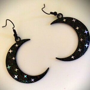 Black sparkling large crescent moon with iridescent stars earrings